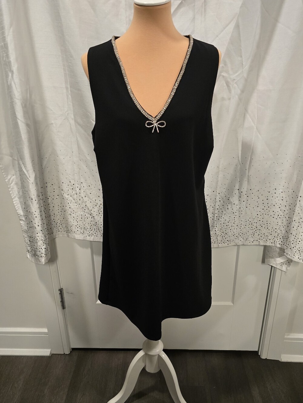 H&M Black Dress with Rhinestone V-kneck And Jeweled Bow, Sz L